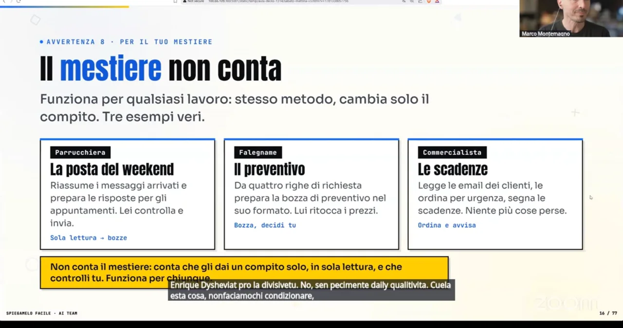 Una slide con esempi per parrucchieri, falegnami e commercialisti mostrata da Marco Montemagno durante il workshop AI Team