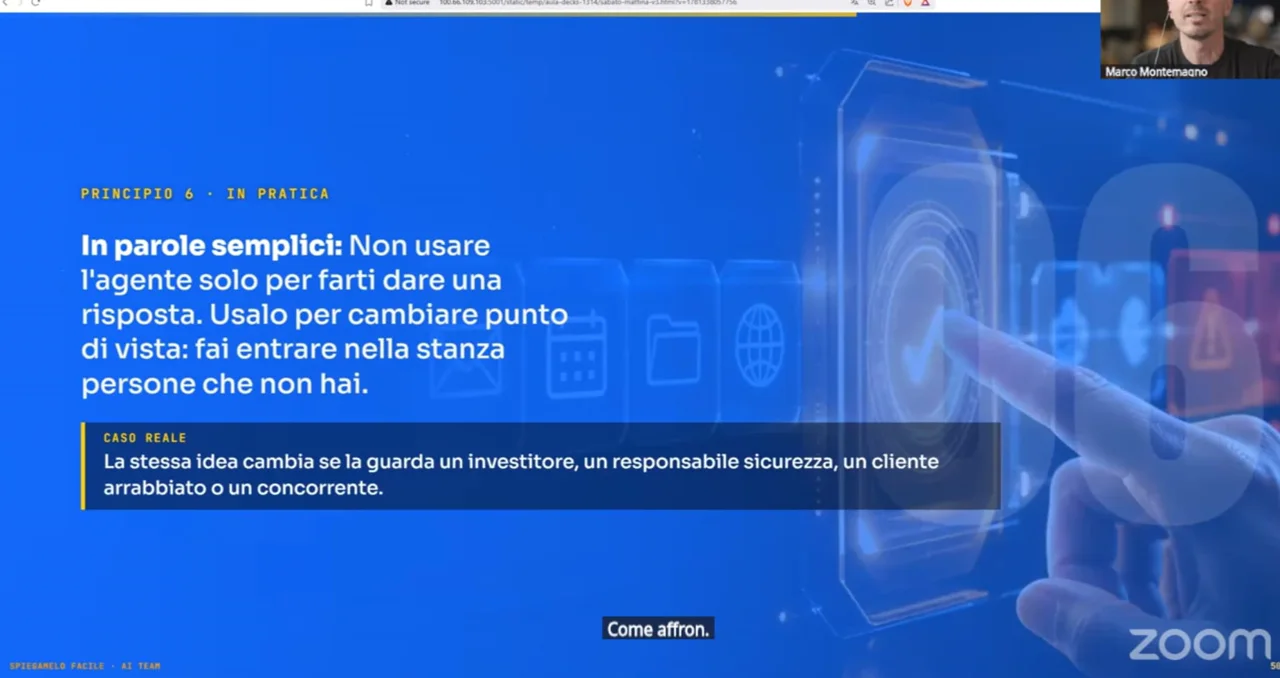 Una slide del workshop AI Team che traduce in parole semplici come usare un agente AI